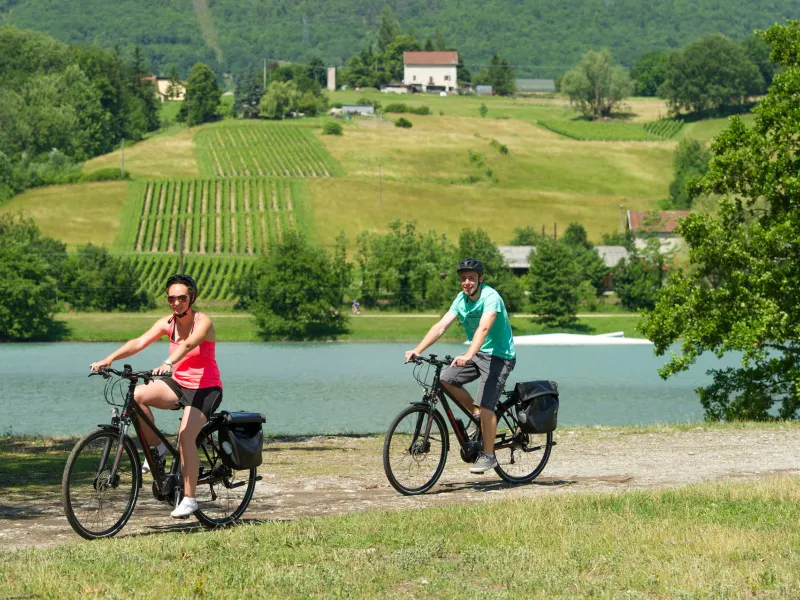 Cyclistes sur piste cyclable à Seyssel - ViaRhôna